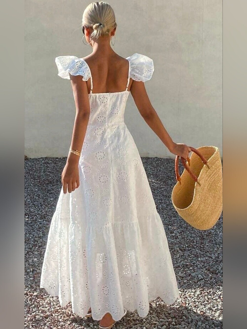 New Embroidered Eyelet Lace Ruffle Sleeve Cami Maxi Dress White